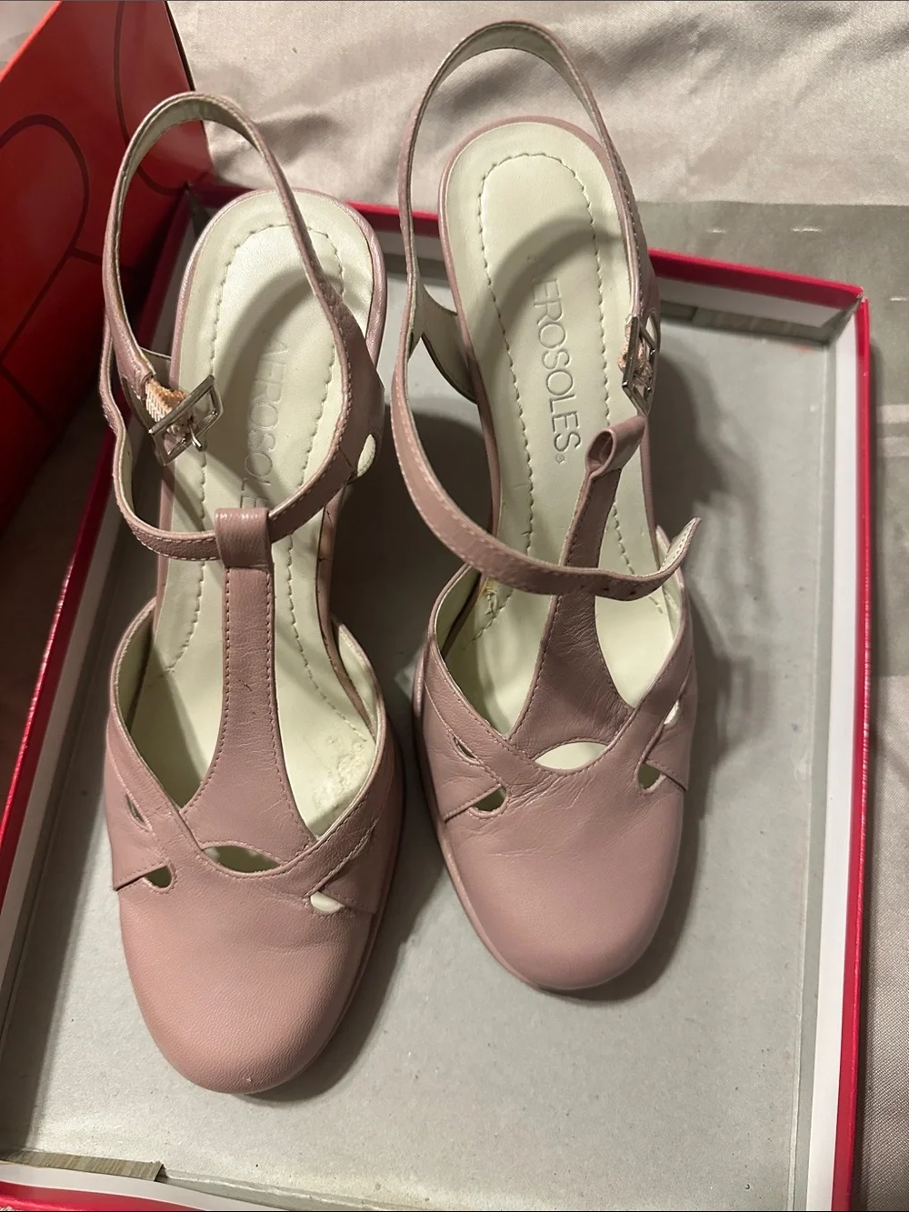 AEROSOLES Blush Pink T‑Strap Slingback Heels